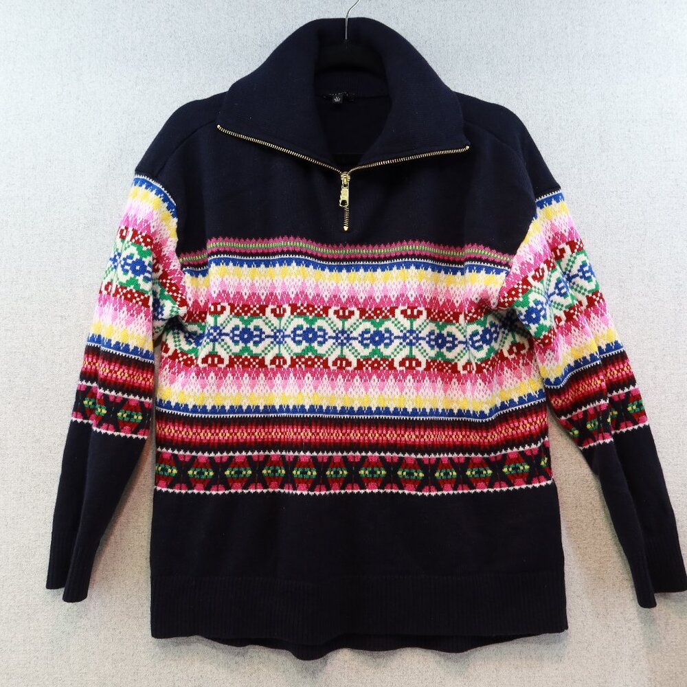 TALBOTS Half-Zip Fair Isle Wool-Blend Navy Sweater, Petite Large